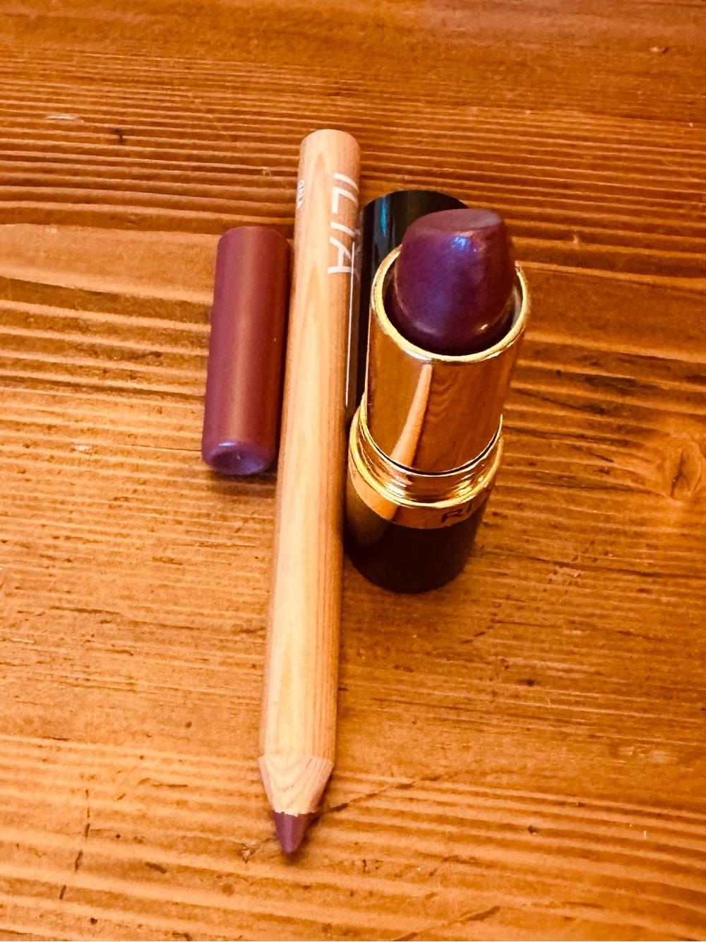 Ilia Lip Hydrating Crayon (Gala)With A Revlon Lipstick 625 Iced Amethyst (Pearl)